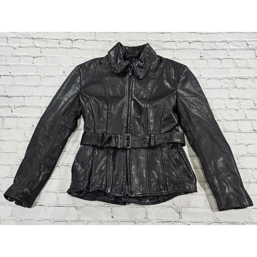Custom Leather Motorcycle Biker Heavy Jacket Pockets Belted WOMENS SIZE LARGE